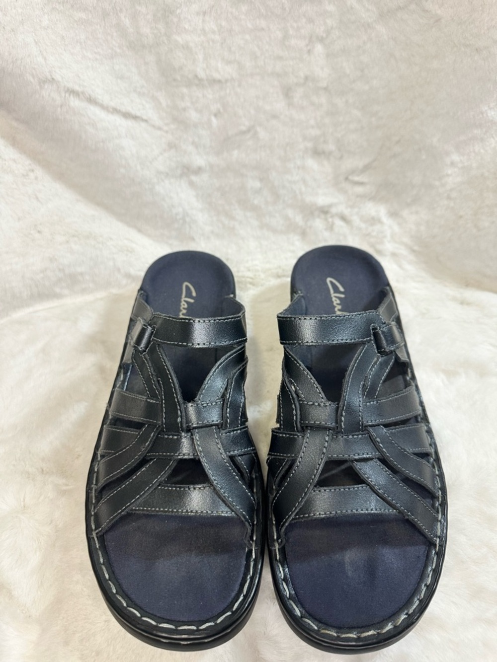 Clarks Black Leather Interwoven Comfort Slide Sandals Sz 11